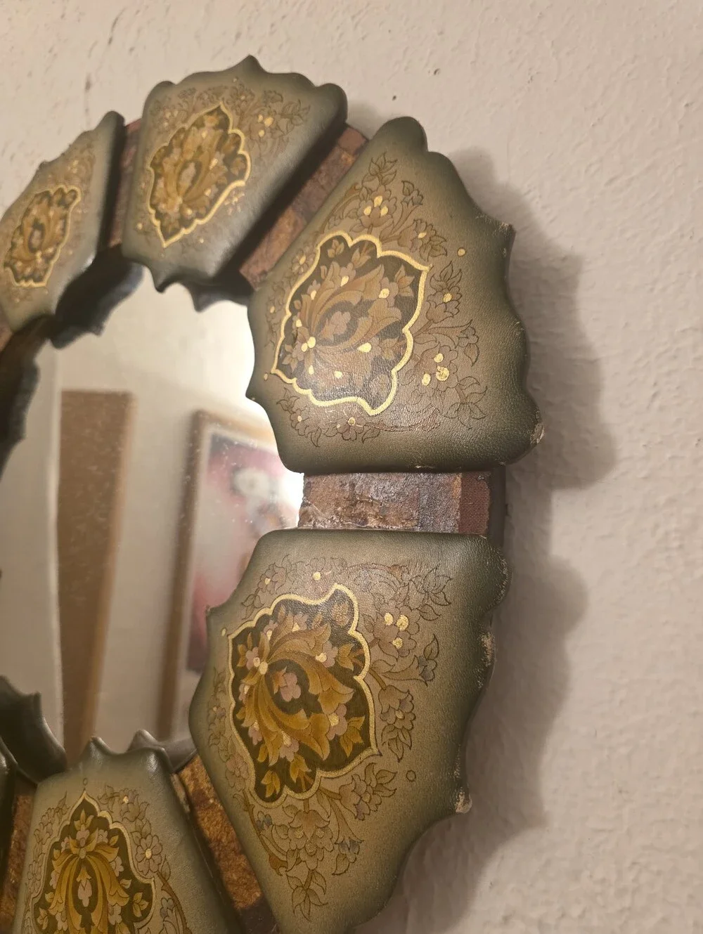 Vintage 1970s Hand Painted Leather Wall Mirror, Round Floral Folk Art Wood Frame